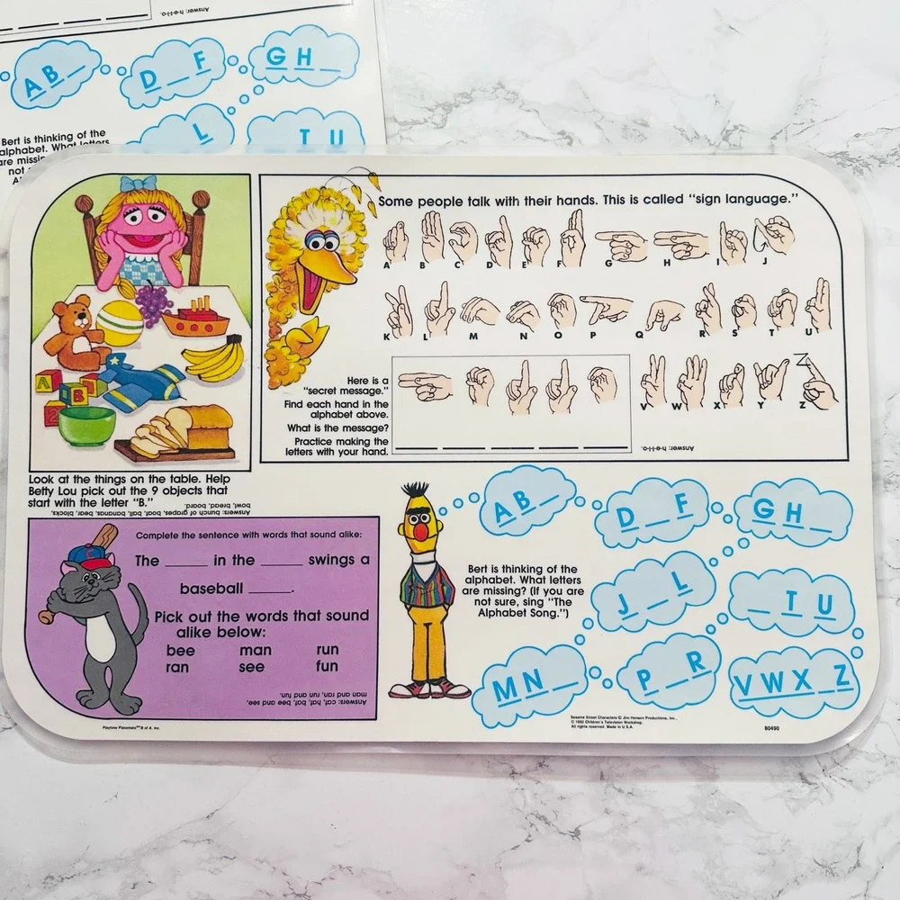 TWO Sesame Street 1992 ASL Sign Language Educational & Character Placemats